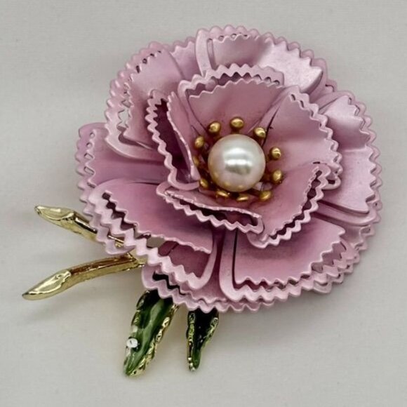 Vintage Metal and Enamel Flower Carnation Brooch Pin W/Cream Faux Pearl Unmarked - Picture 3 of 10